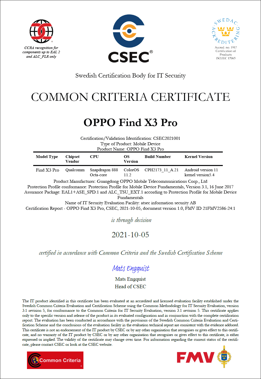 Find X3 Pro Receives MDFPP Common Criteria Certification