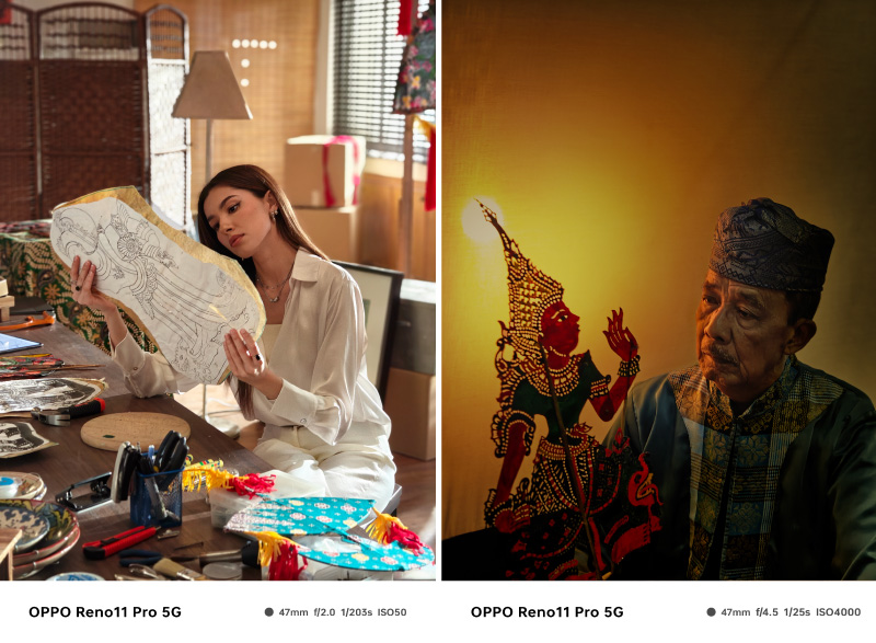 (R) Amelia Henderson admiring a Wayang Kulit in the making, (L) Master Puppeteer, Pak Dain