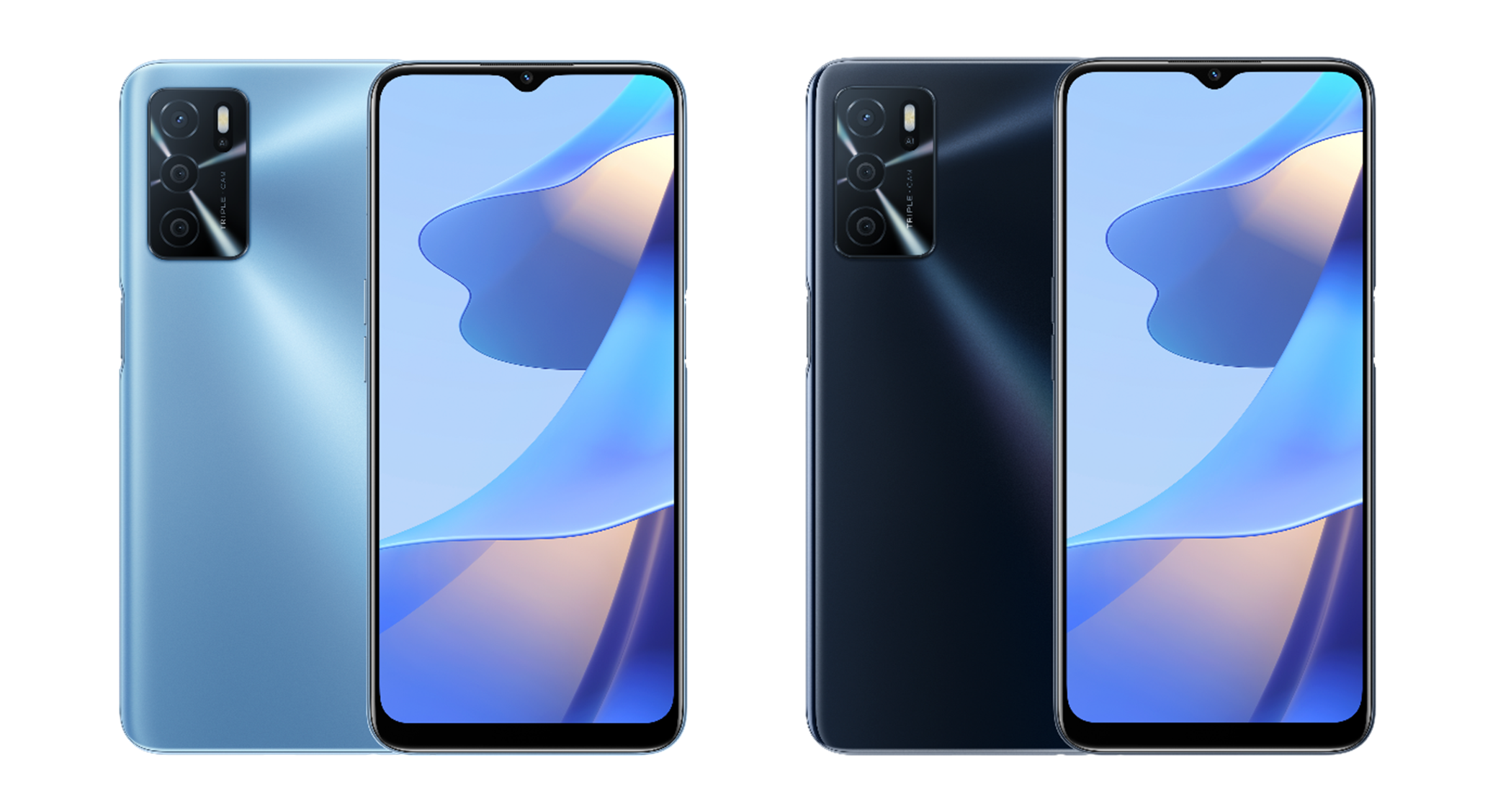 De OPPO A16s in de kleur Pearl Blue (l) en Crystal Black (r)