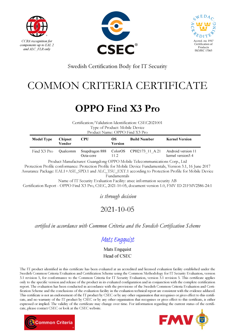 OPPO Find X3 Pro Receives MDFPP Common Criteria Certification