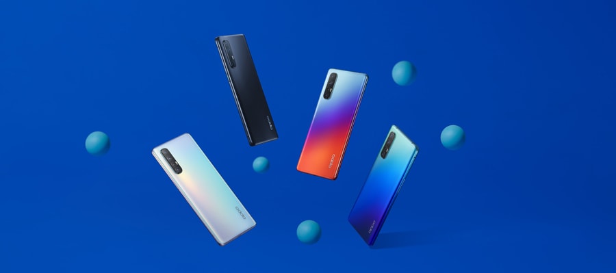 圖說：OPPO Reno3 Pro 提供霧月白、月夜黑、日出印象與藍色星夜共四種全新顏色供消費者選擇。