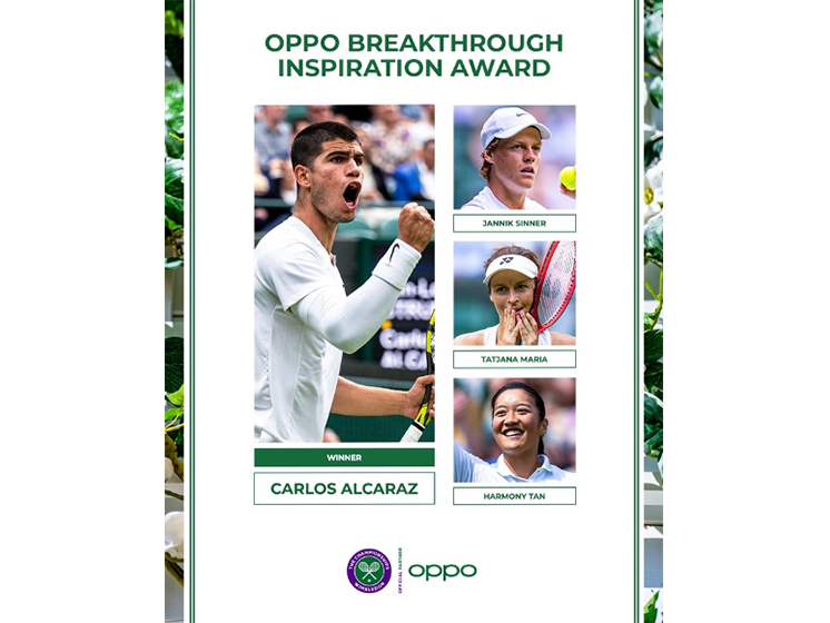 Congratulations to Carlos Alcaraz, who wins the OPPO Breakthrough Inspiration Award at Wimbledon 2022