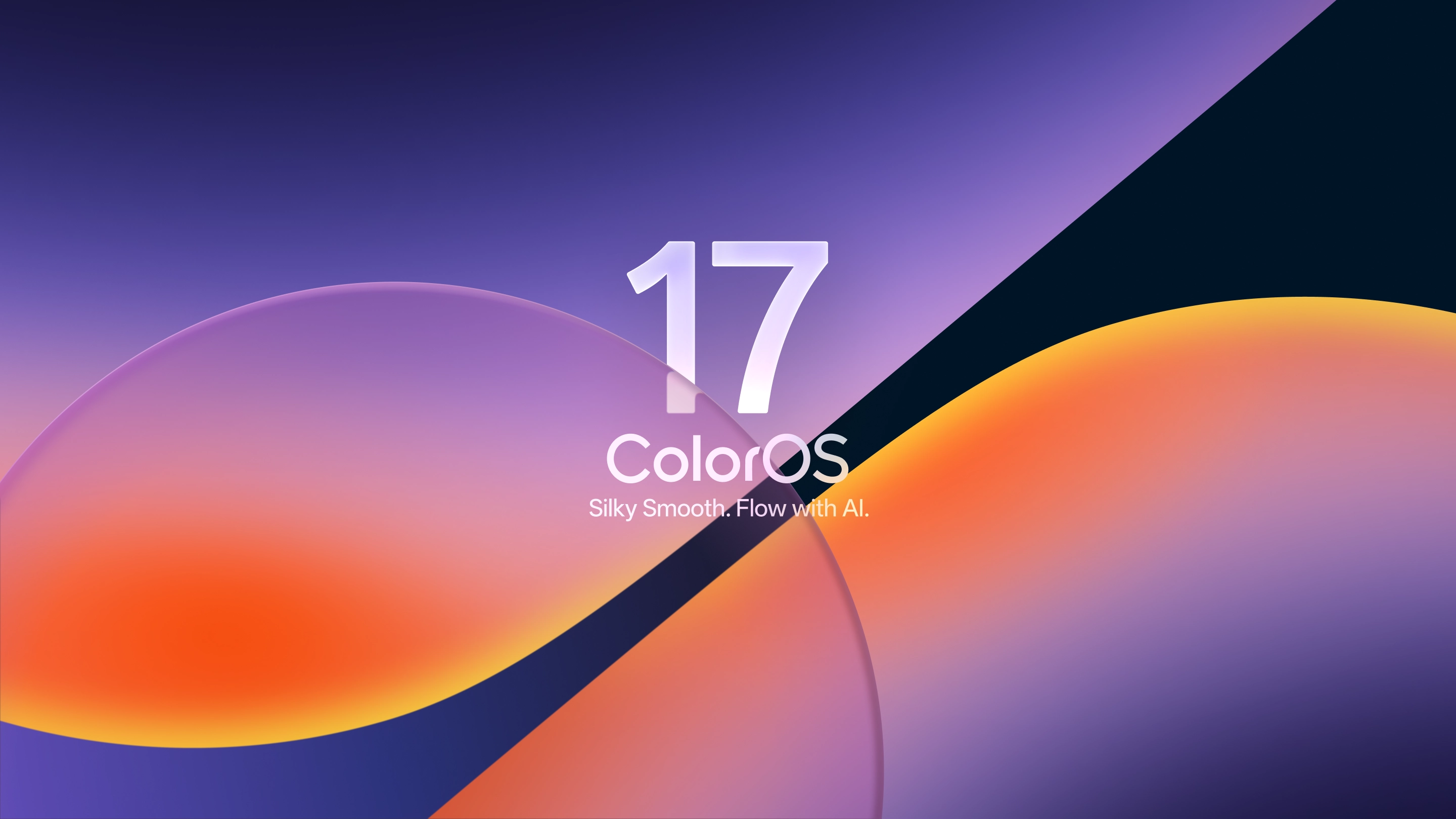 ColorOS 17 logo with 'Flow with AI' on an abstract colorful background