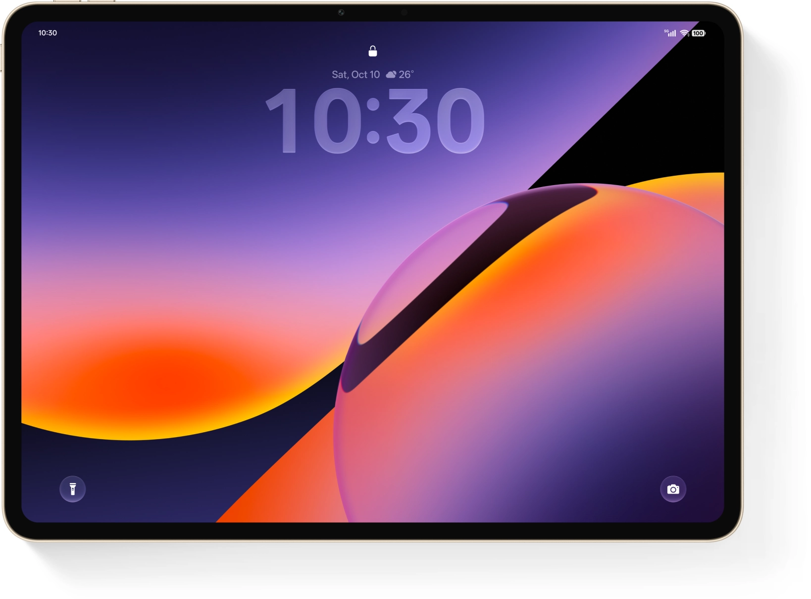 ColorOS 17 tablet lock screen showing a giant clock over an abstract orange and purple wallpaper