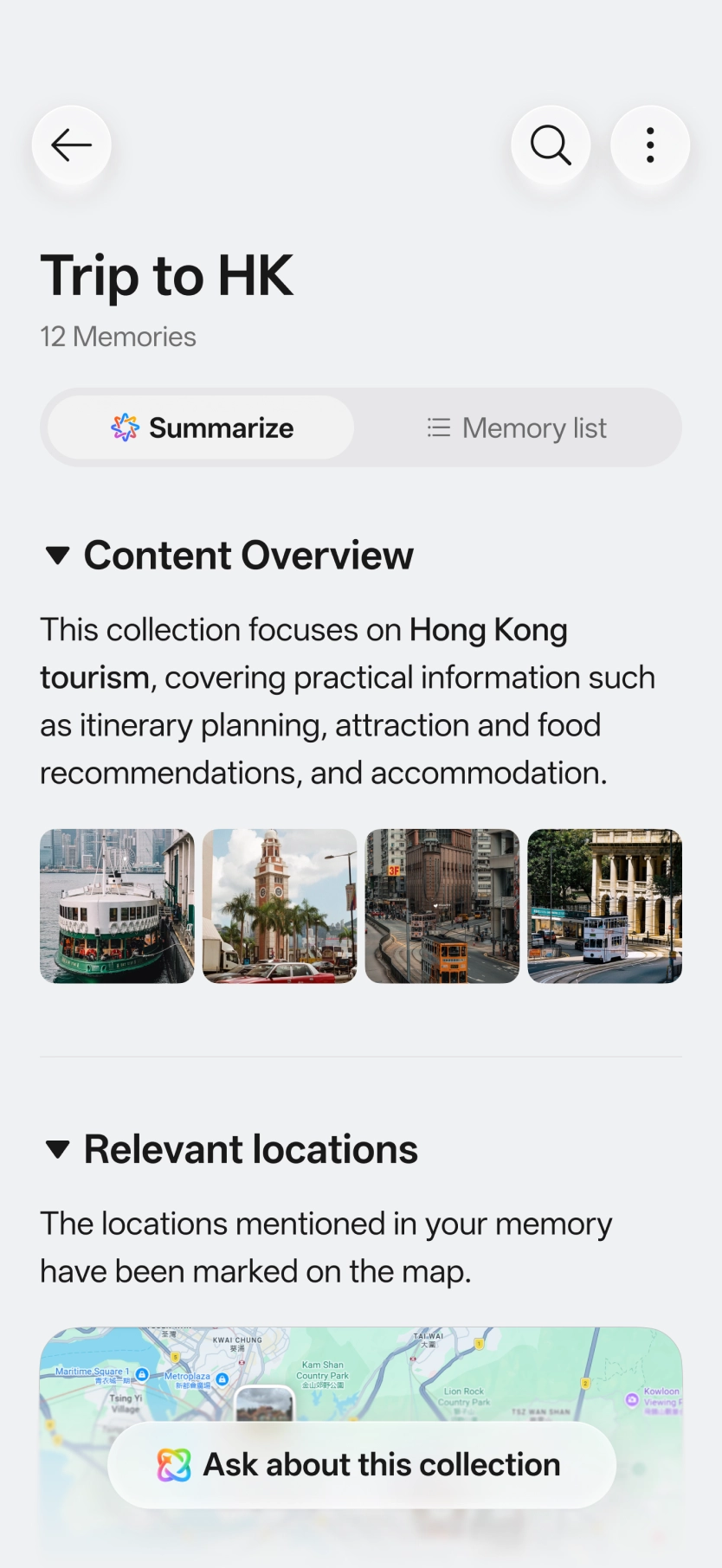 ColorOS 17 AI Mind Space interface showing a 'Trip to HK' itinerary with photos and a map