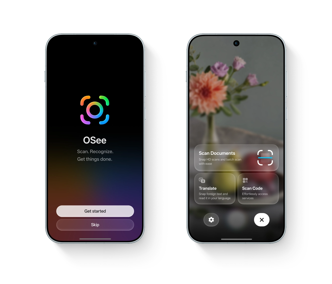 ColorOS 17 OSee interface showing its welcome screen and a smart camera view with AI tools