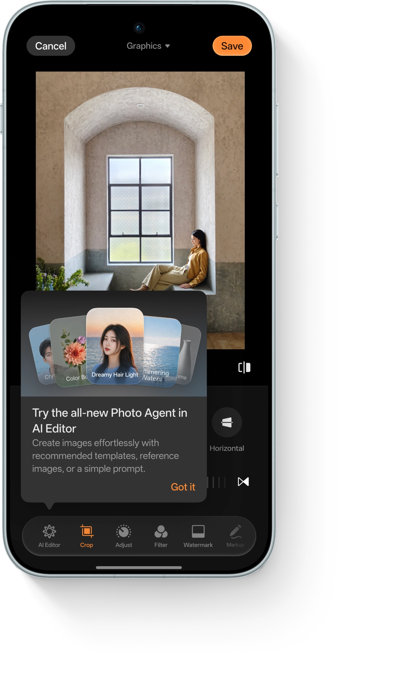 ColorOS 17 AI Editor screen showing the 'Crop' feature and a pop-up introducing the AI Photo Agent