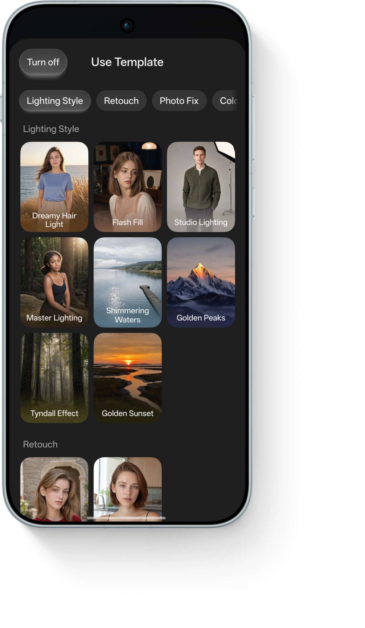 ColorOS 17 AI Editor interface displaying various photo templates for Lighting Style and Retouch