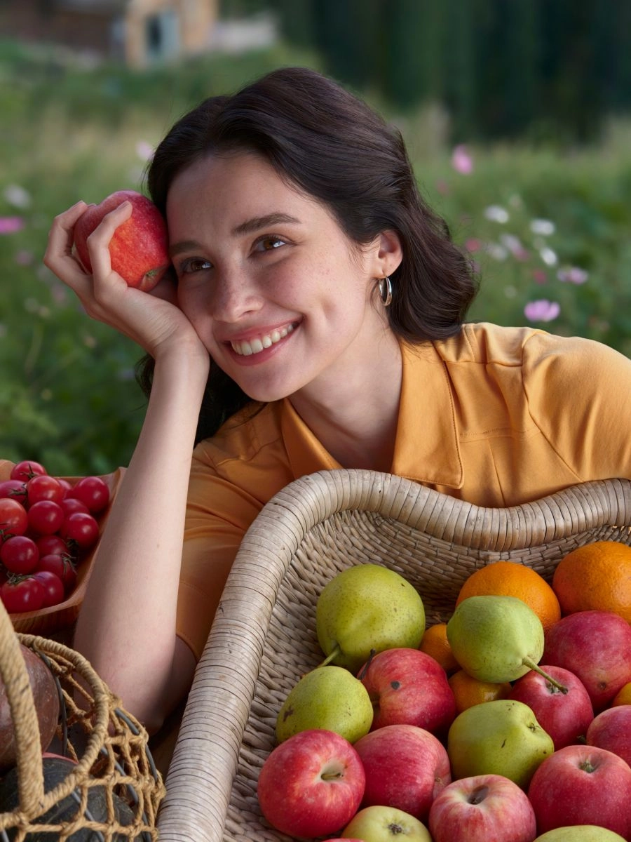 OPPO Find X10 Series campaign portrait of a woman holding an apple among market produce