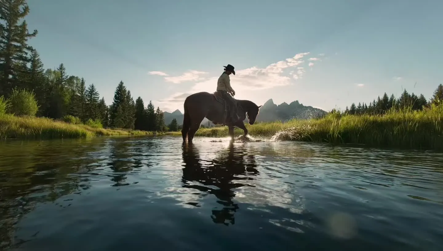 راعي بقر على ظهر حصان في إضاءة خلفية غنية، مما يعرض تصوير الفيلم الفوري لهاتف Find X10 Pro Max