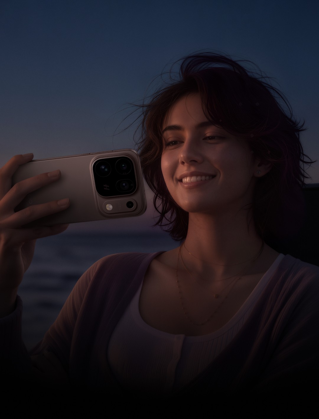 Smiling woman holding the OPPO Find X10 Pro Max at dusk by the sea