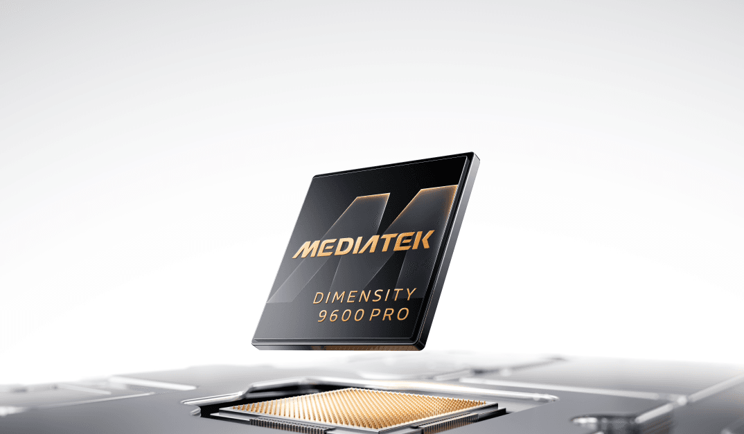 3D render of MediaTek Dimensity 9600 Pro processor with gold text, above a socket