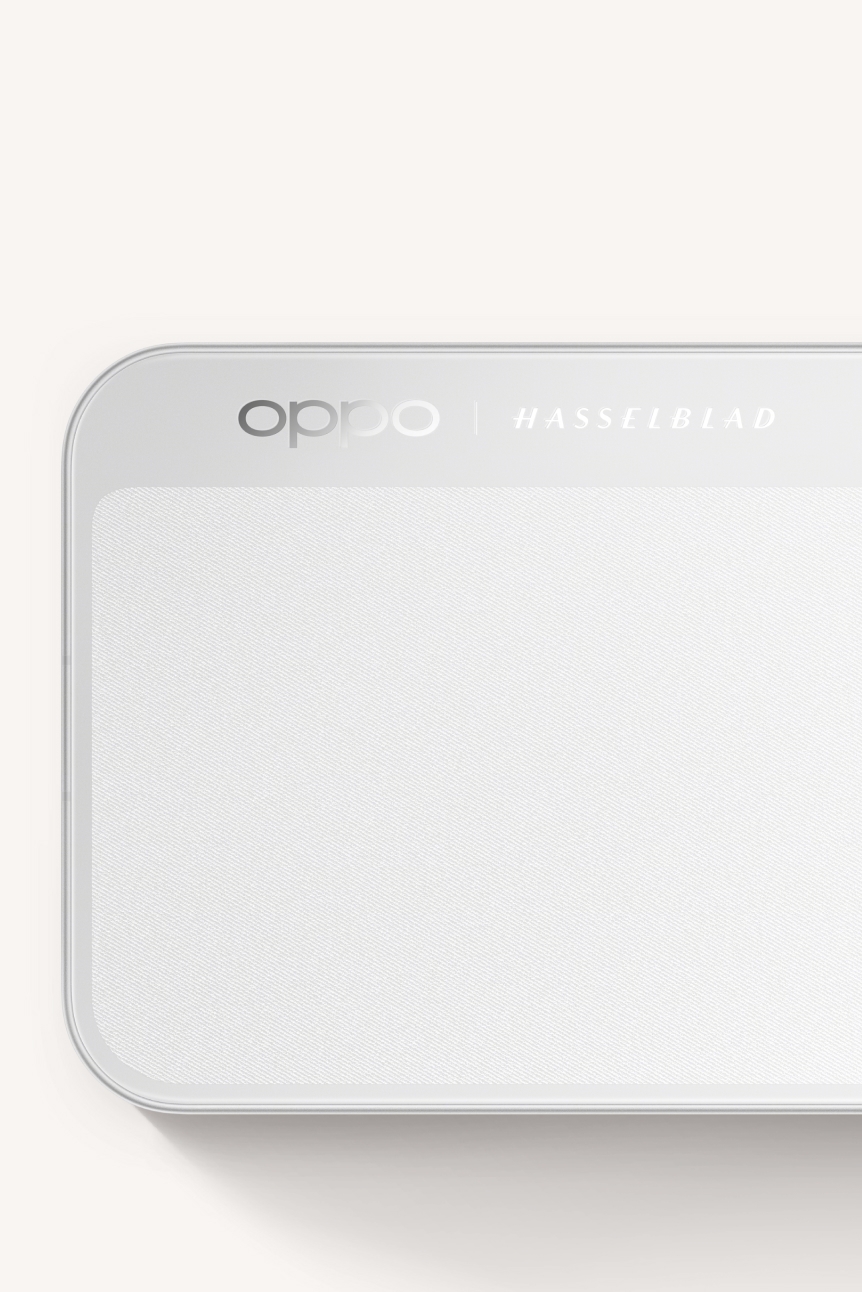 Detail of OPPO Find X10 Pro Max (Luna White) corner, illustrating Camera-Inspired Split Design