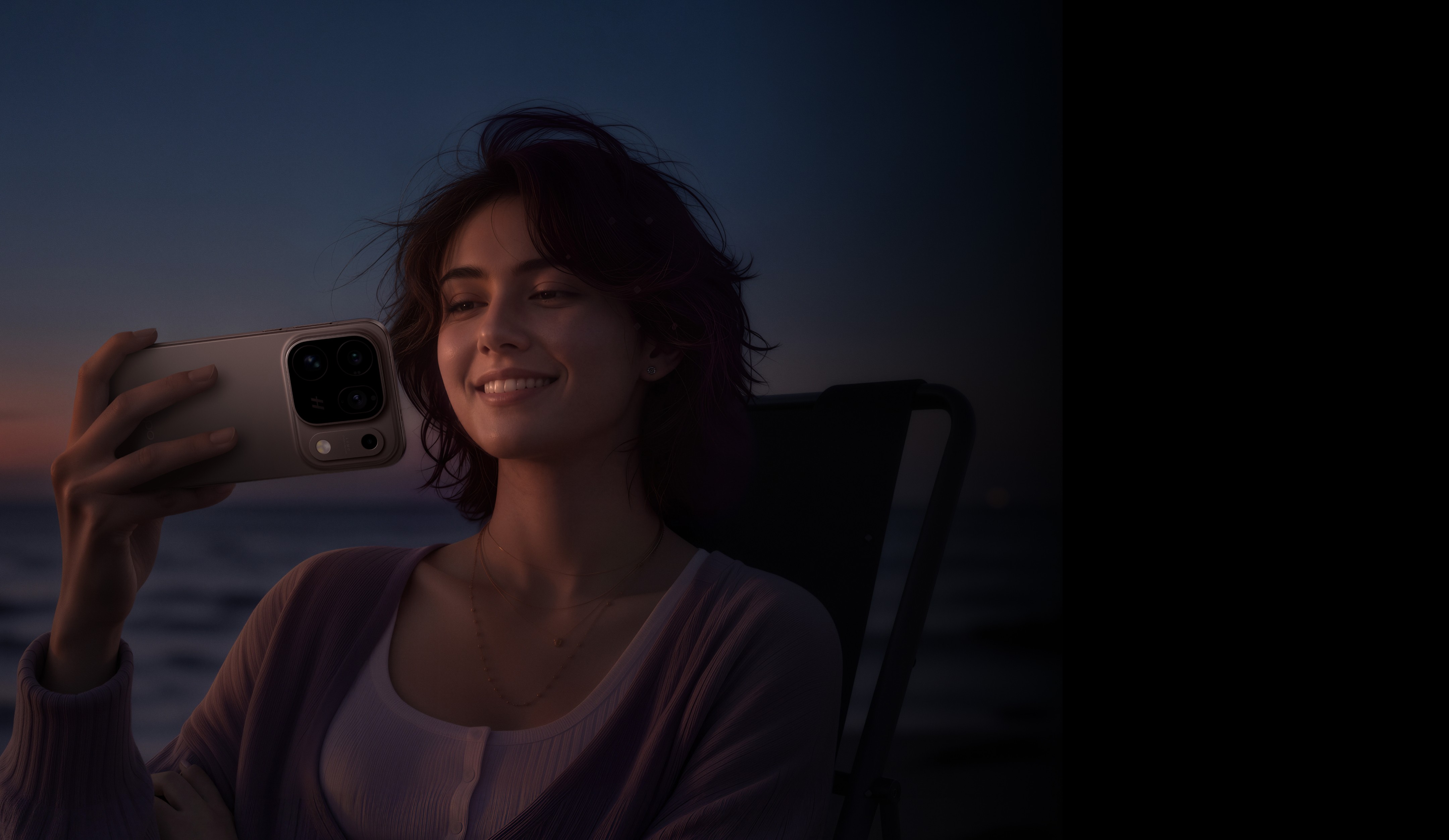 Smiling woman holding the OPPO Find X10 Pro Max at dusk by the sea