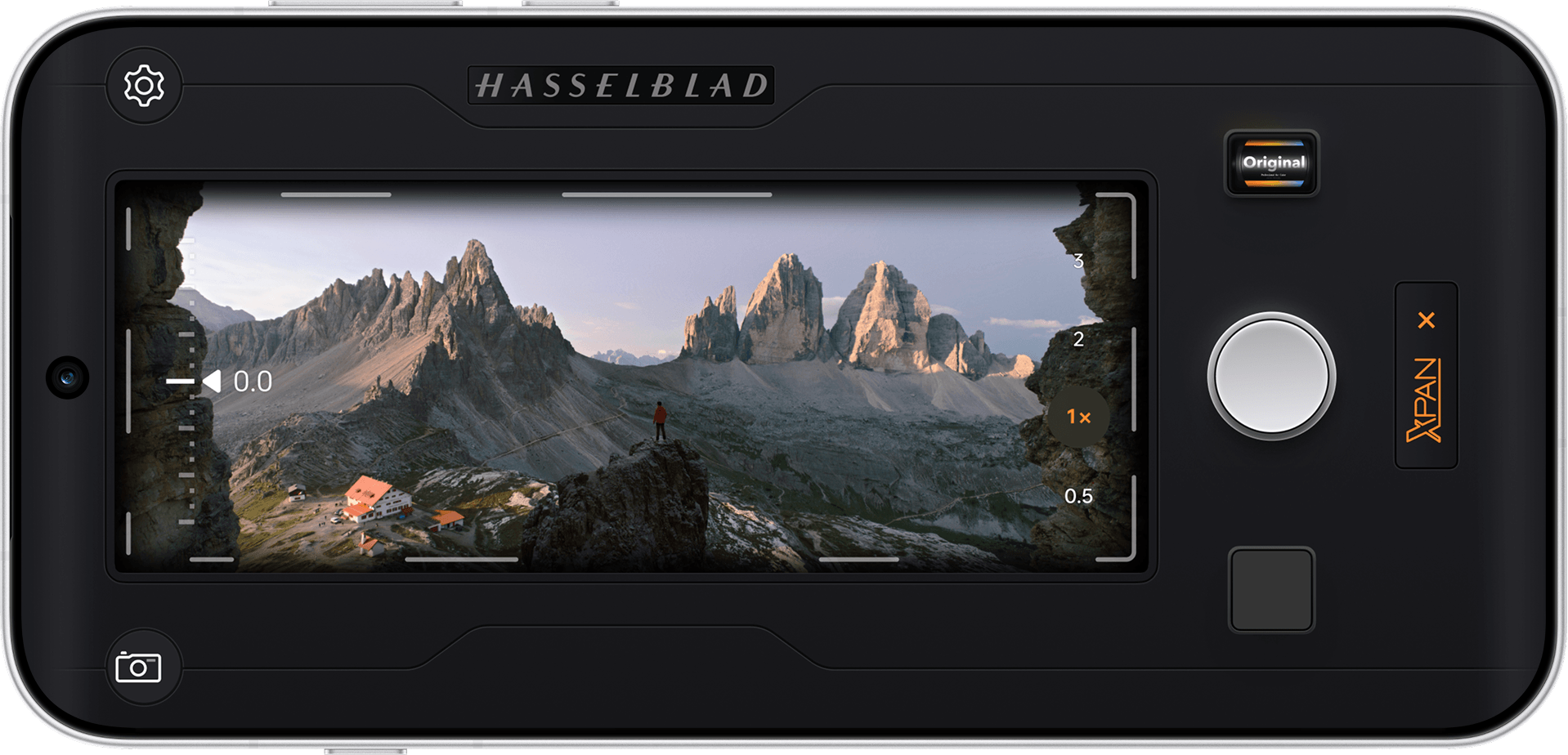 Phone screen displaying Hasselblad XPAN Mode interface framing a mountain landscape