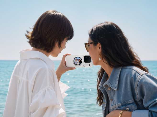 Two friends framing a seaside selfie using the OPPO Bubble rear display