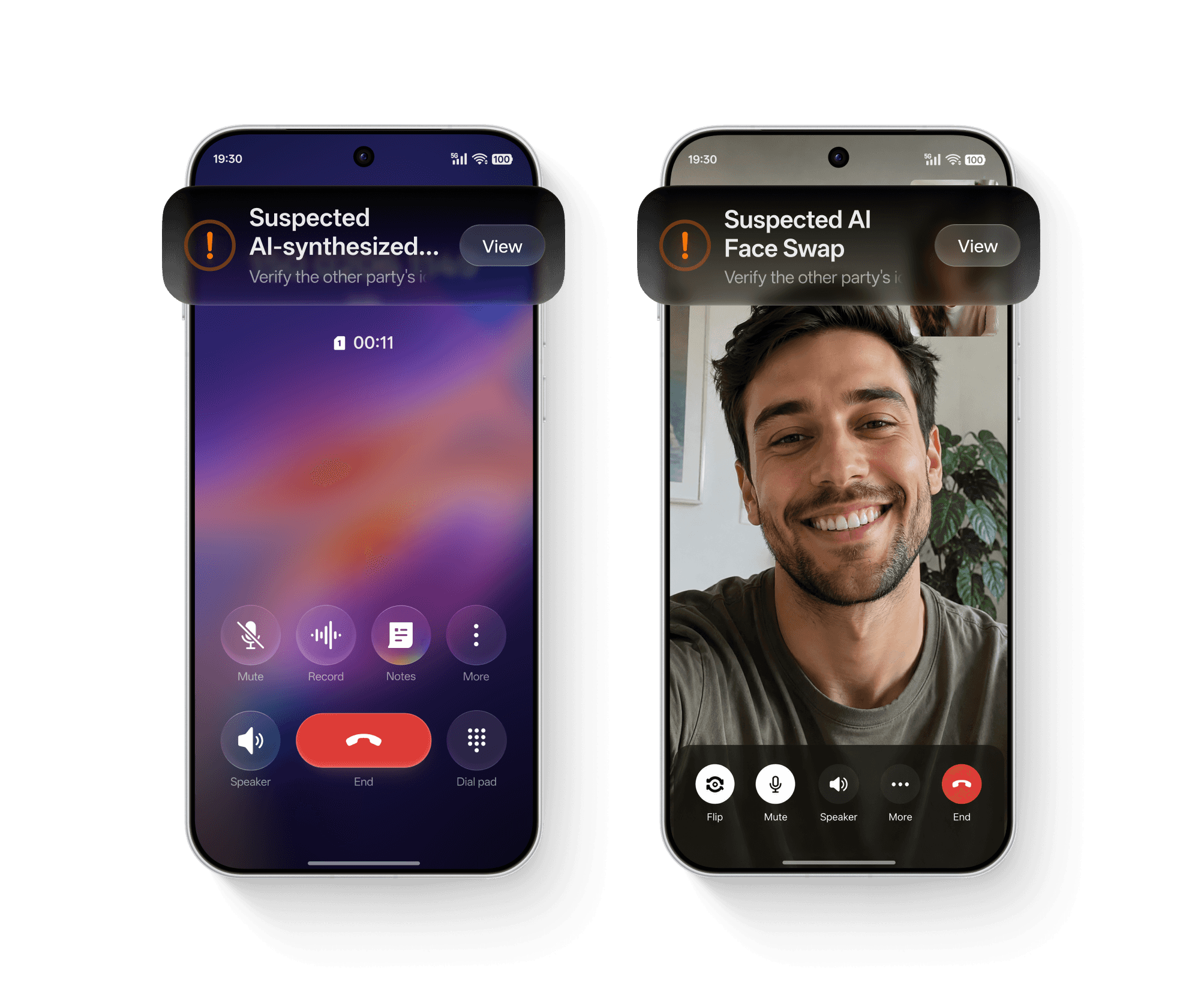 Two phone screens showing AI Call Guard detecting synthetic voice and face swap