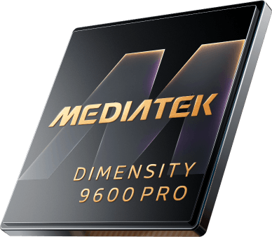 3D render of MediaTek Dimensity 9600 Pro processor with gold text, above a socket