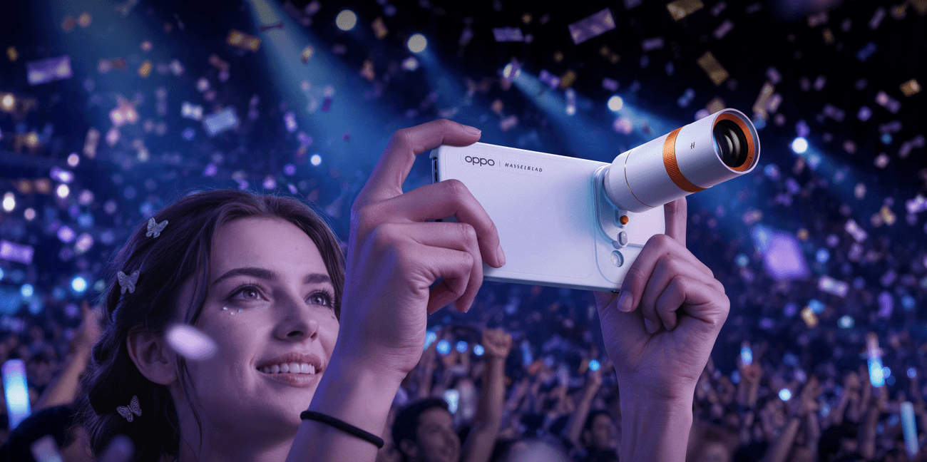 أحد الحاضرين في حفل موسيقي يستخدم OPPO Hasselblad Teleconverter لالتقاط صور مقرّبة من الصفوف الأمامية أثناء العرض المباشر