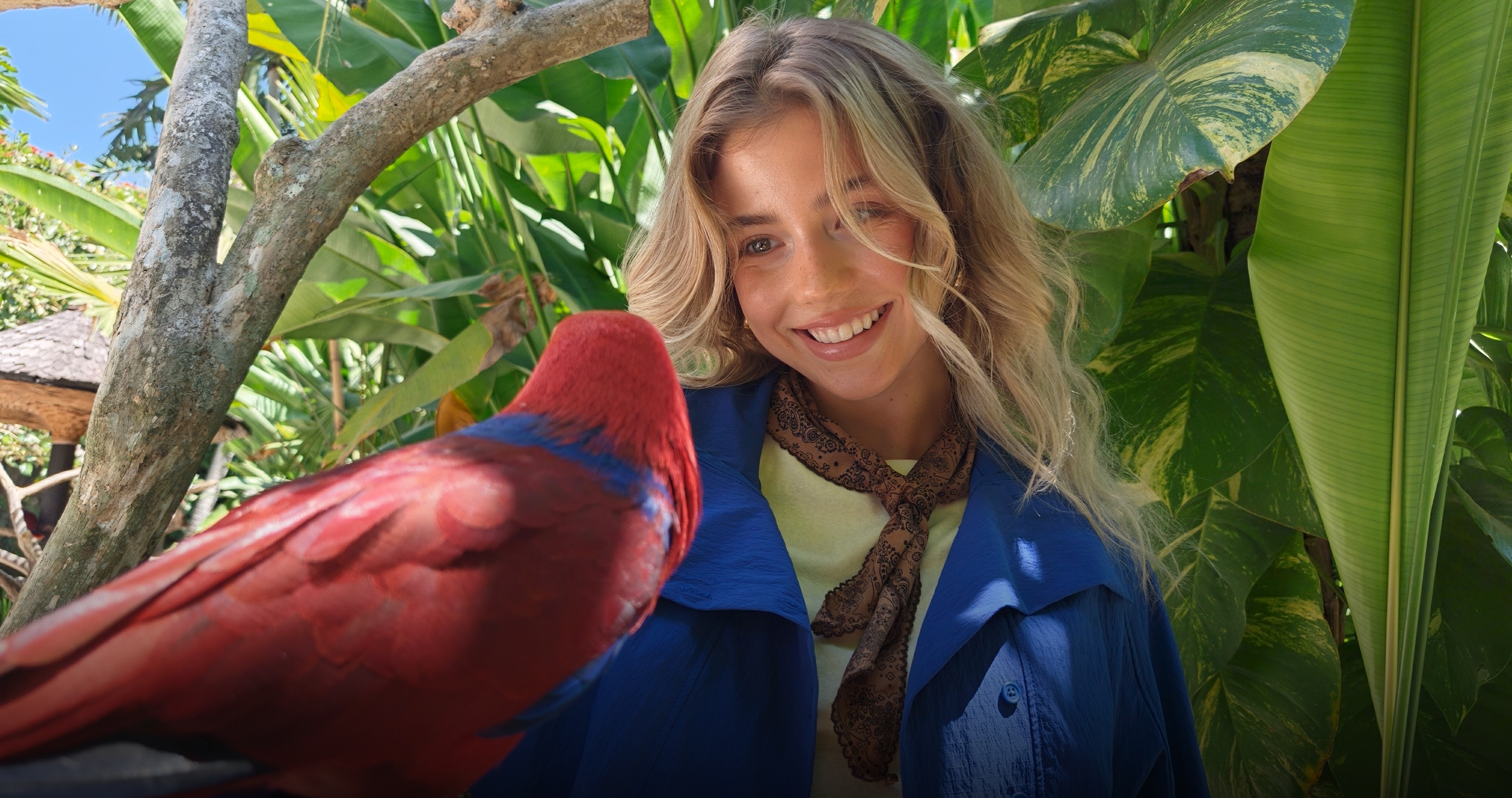 Detailed smartphone shot of a vibrant red parrot and a smiling woman, showcasing motion photography of OPPO Find X10
