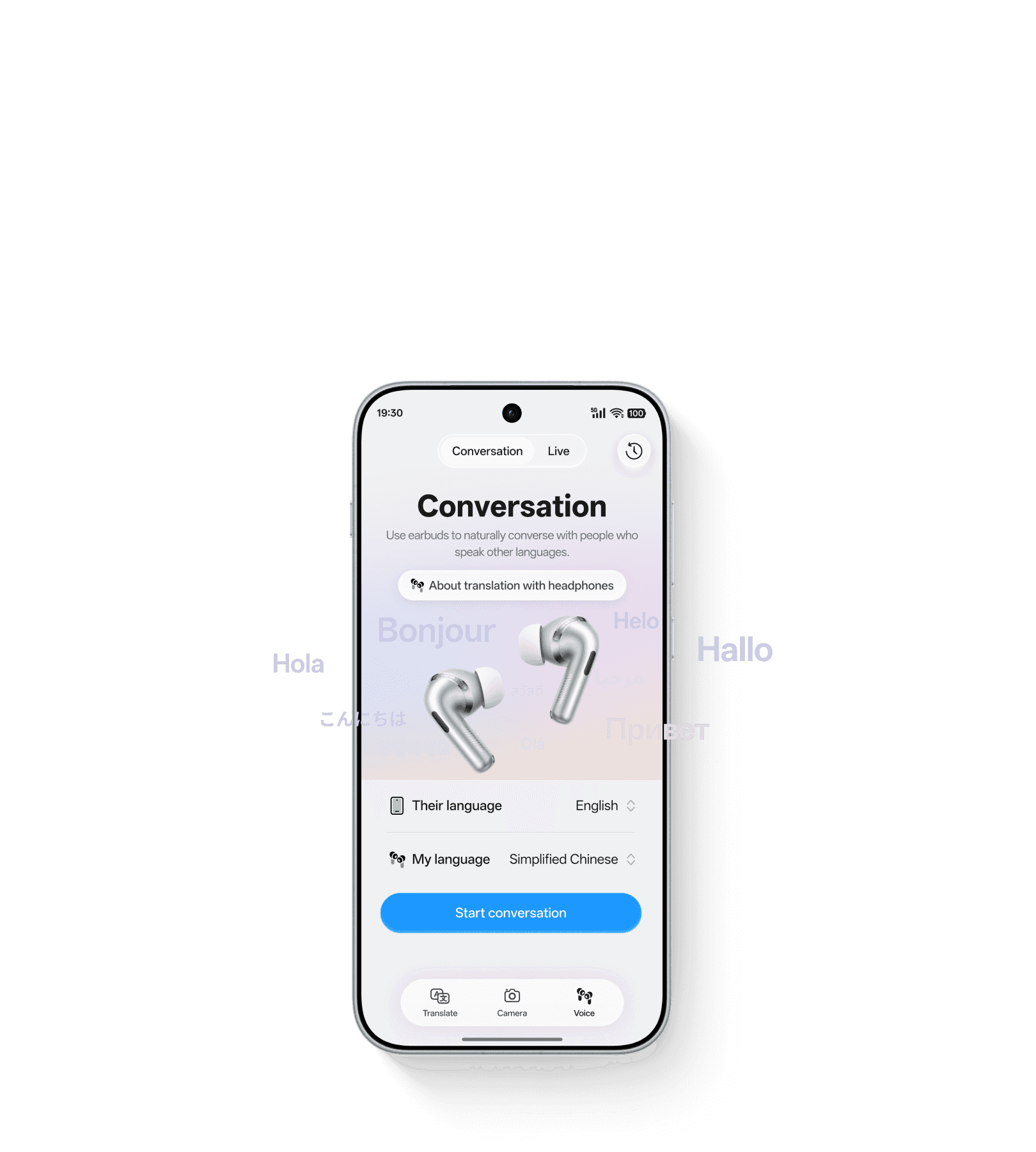 Smartphone UI showing AI Live Interpreter with Earbuds for cross-language chats