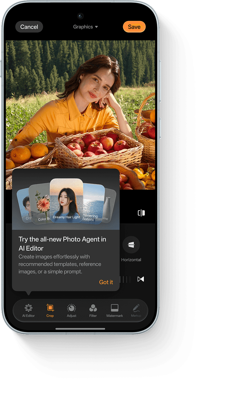 Image crop interface introducing AI Photo Agent