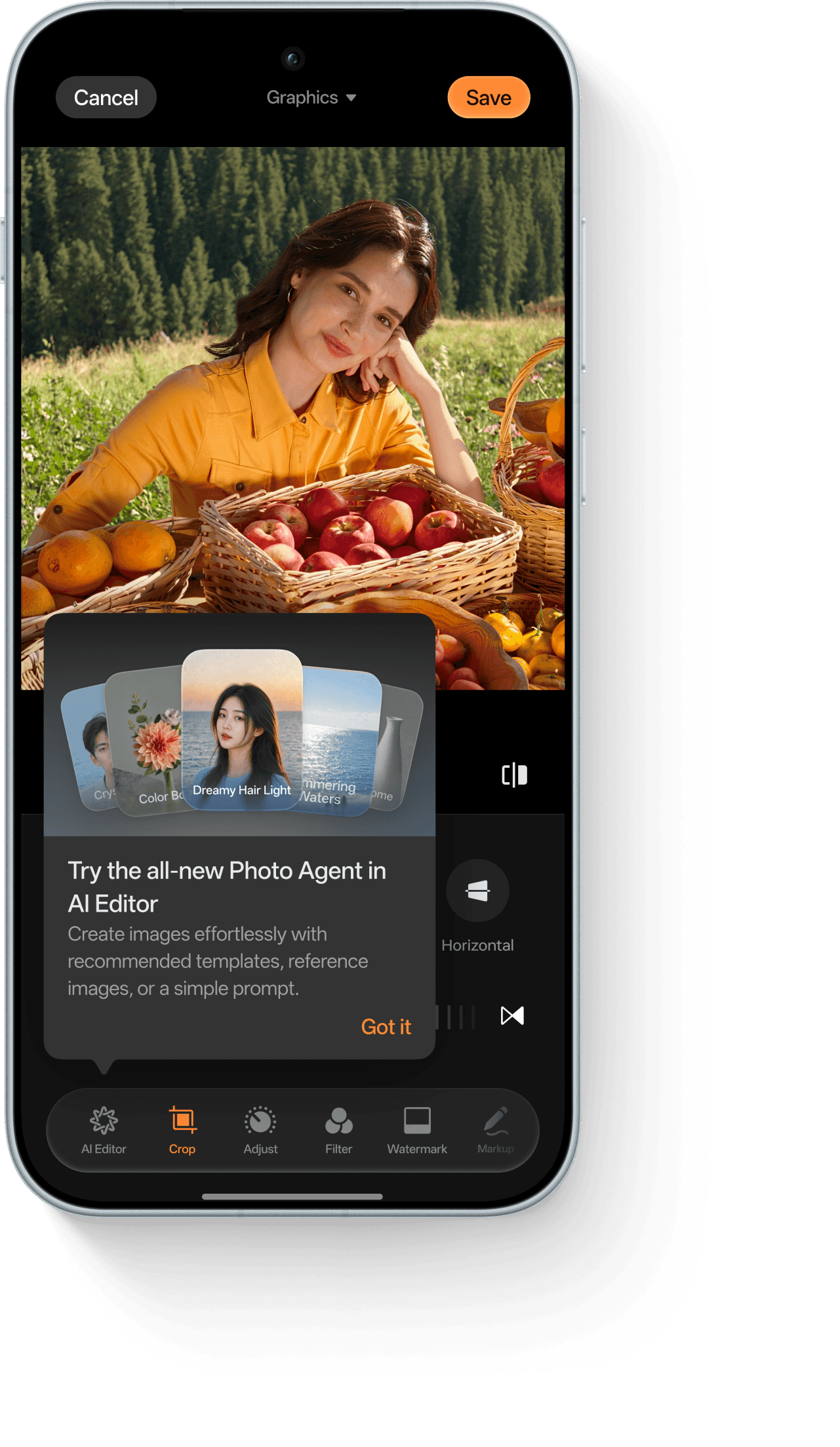 Image crop interface introducing AI Photo Agent