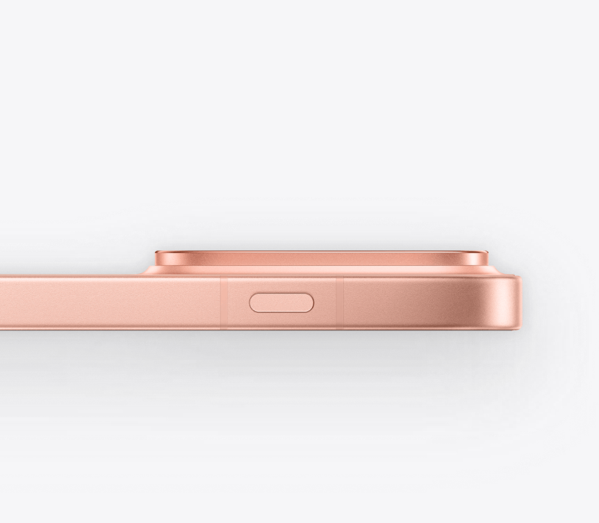 Widok z boku na lśniącą, metalową krawędź ramki OPPO Find X10 (Glow Coral)