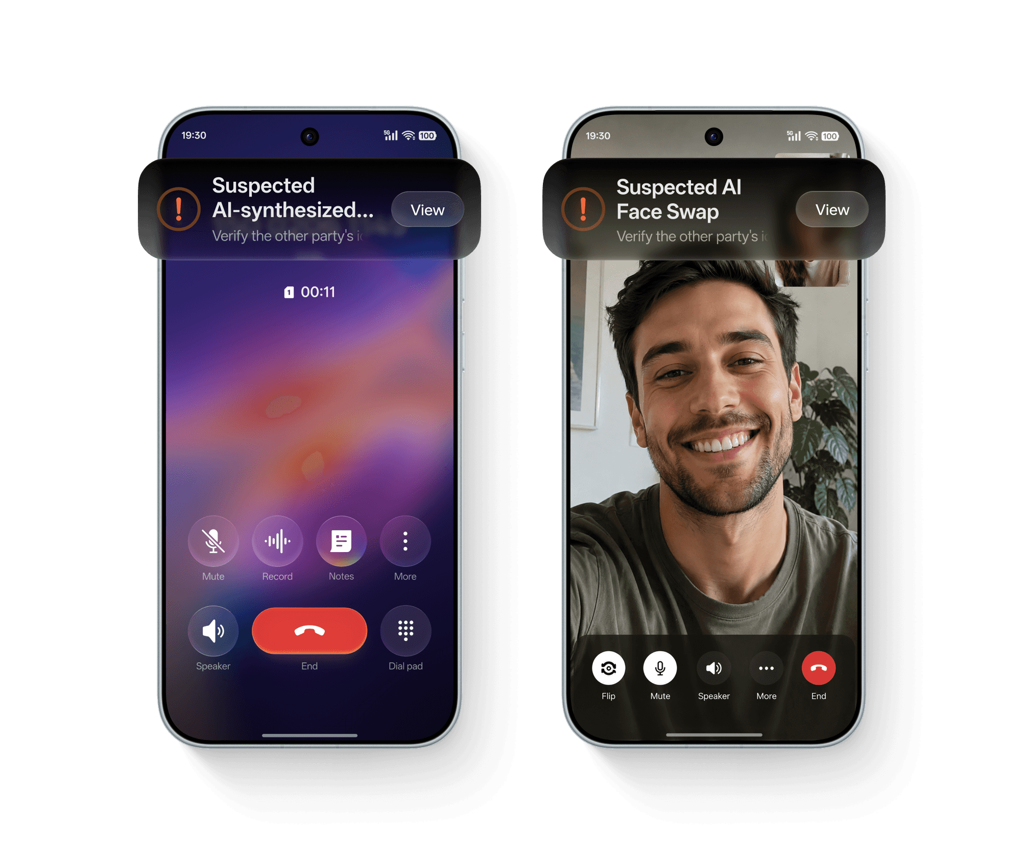 Two phone screens showing AI Call Guard detecting synthetic voice and face swap