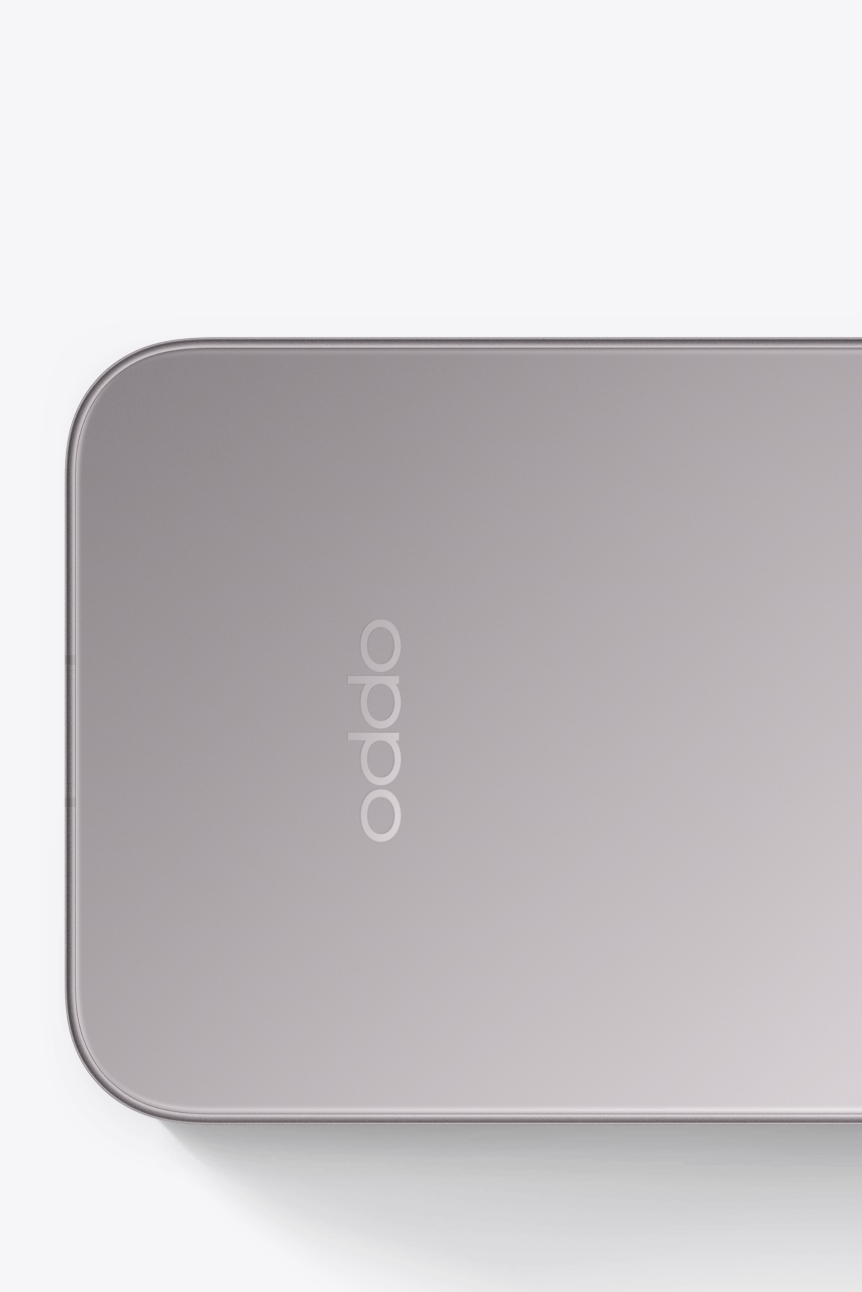 Detail of OPPO Find X10 (Mist Grey) corner, illustrating Velvet Glass finish
