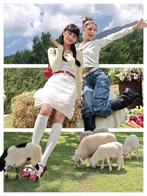 A photo showing the Popout 2.0 effect, where two girls and sheep break out of horizontal white borders to create a 3D look