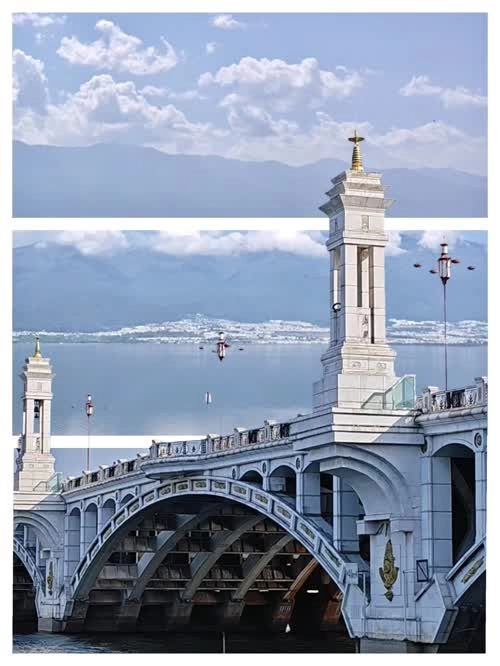 A landscape photo showing the Popout 2.0 effect, where a tall white bridge pillar breaks out of horizontal white borders