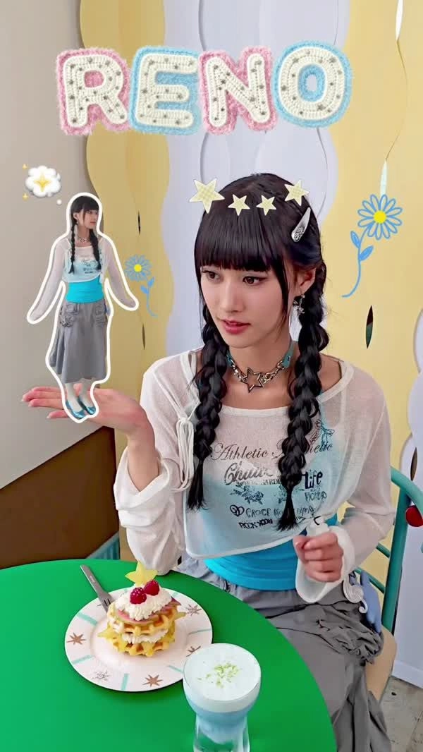 A fun photo generated by the AI Collage feature, showing a girl holding a miniature cutout of herself amidst various digital stickers