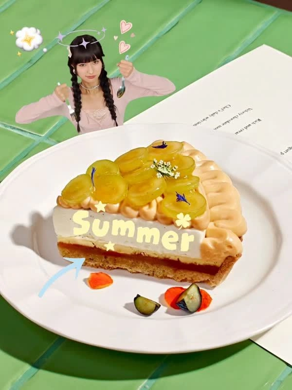 Scrapbook-style AI Remix Collage of a grape tart, miniature girl, and stickers.