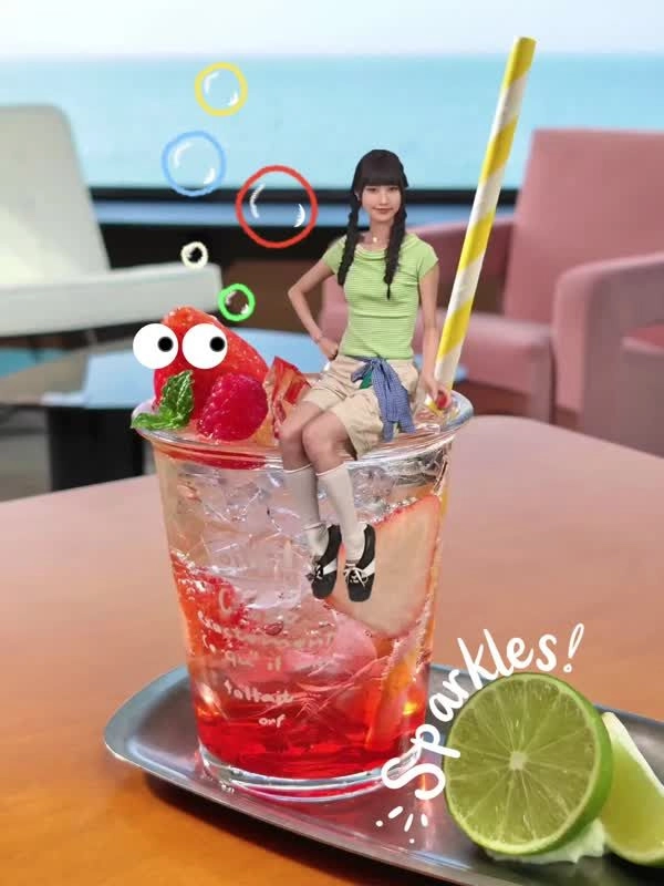 Scrapbook-style AI Remix Collage blending an iced drink photo with a miniature girl cutout on the rim and doodles