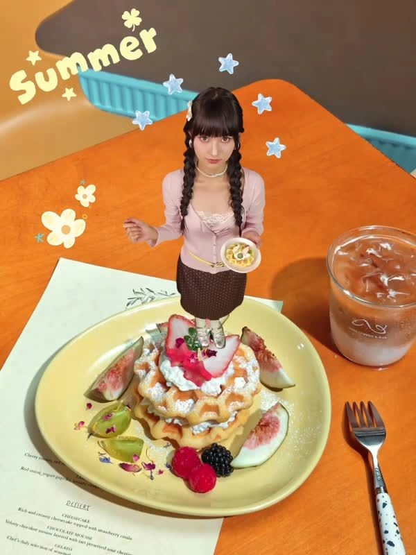 Scrapbook-style AI Remix Collage blending a waffle photo with a miniature girl cutout standing on top and doodles