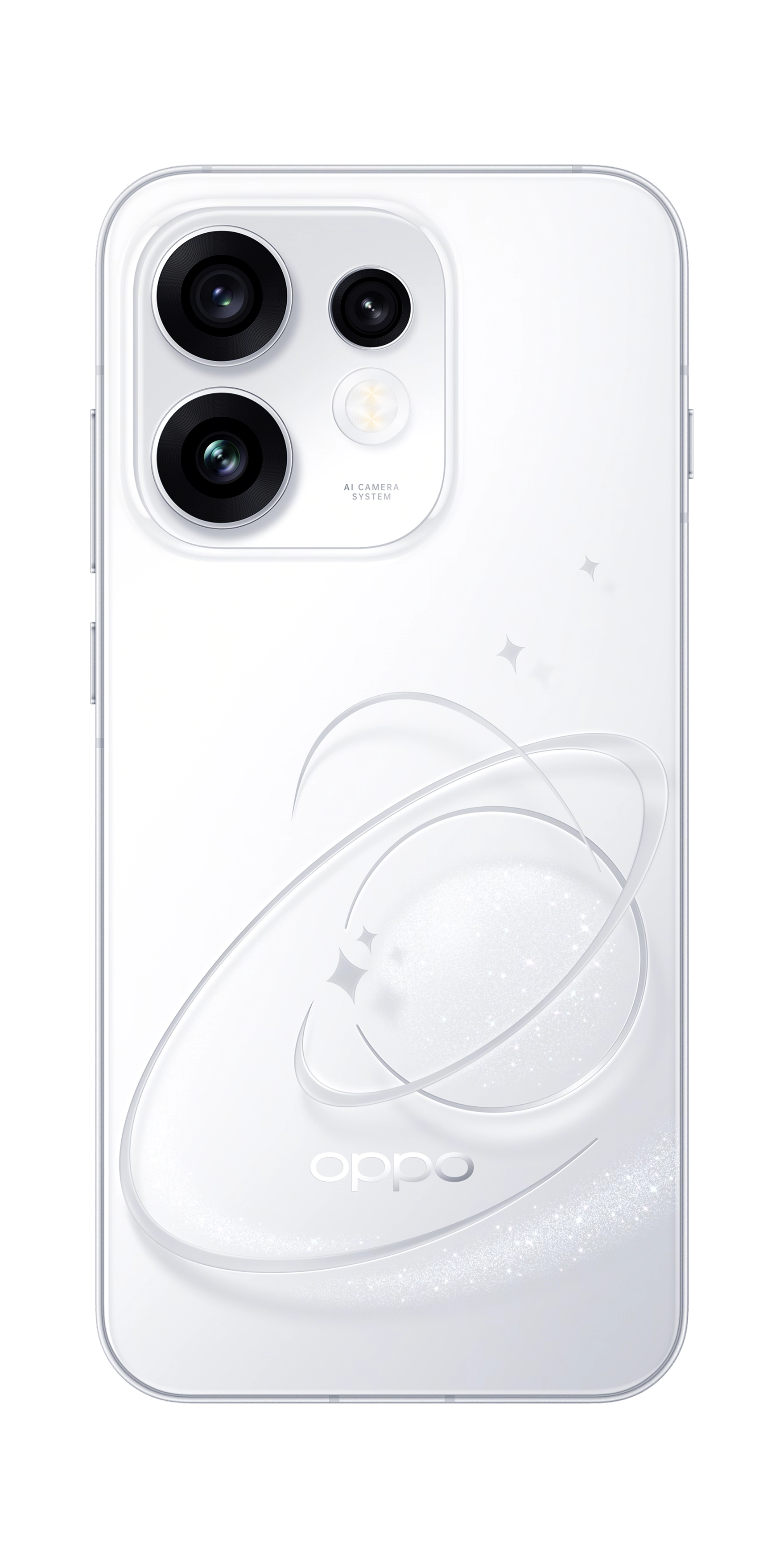 Full back view of the white OPPO Reno16 5G smartphone