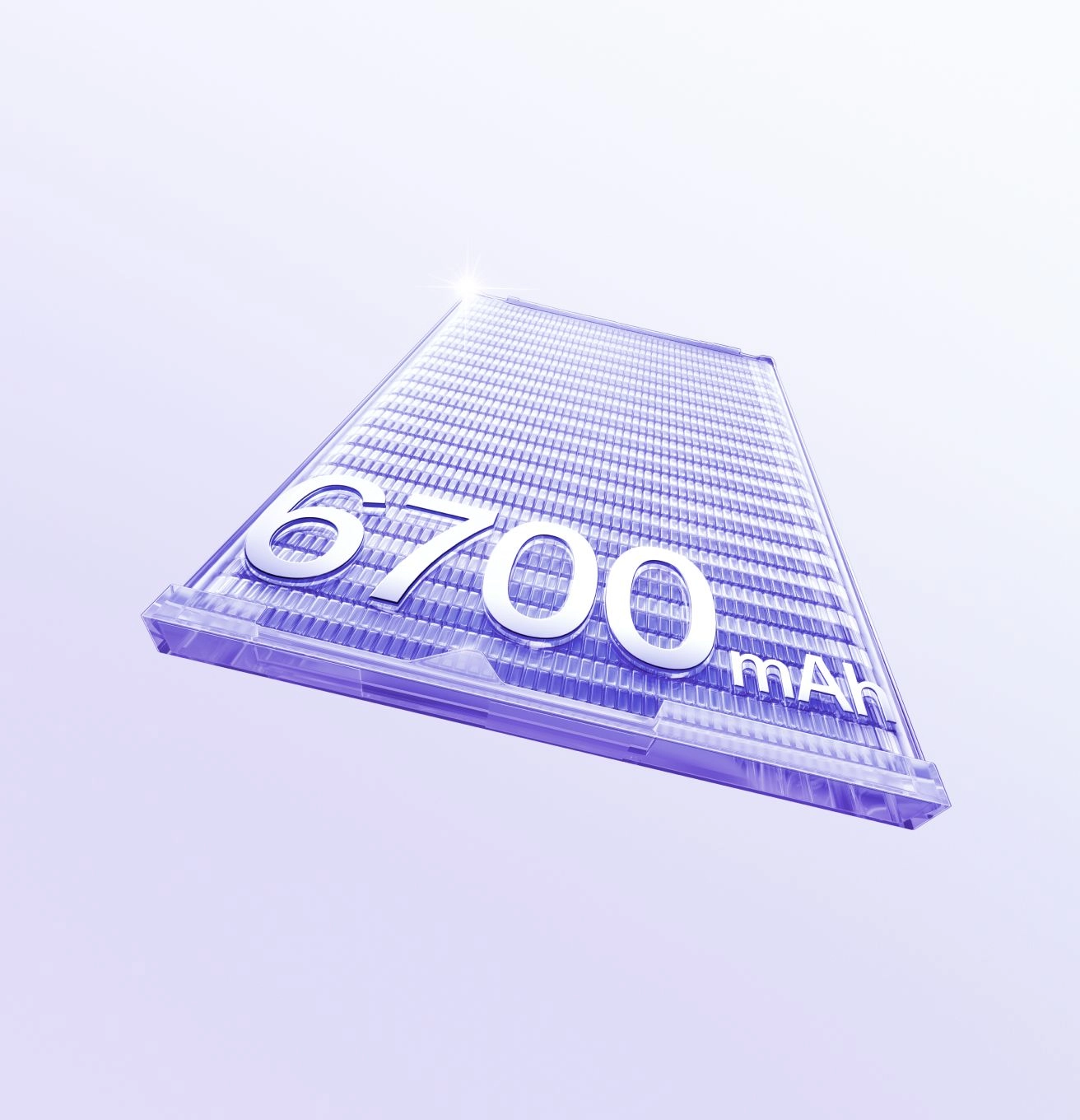 A 3D rendered image of a high-tech, translucent light-purple smartphone battery featuring large "6700 mAh" metallic text