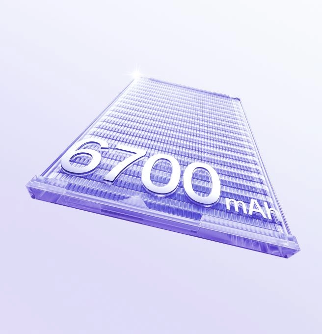 A 3D rendered image of a high-tech, translucent light-purple smartphone battery featuring large "6700 mAh" metallic text