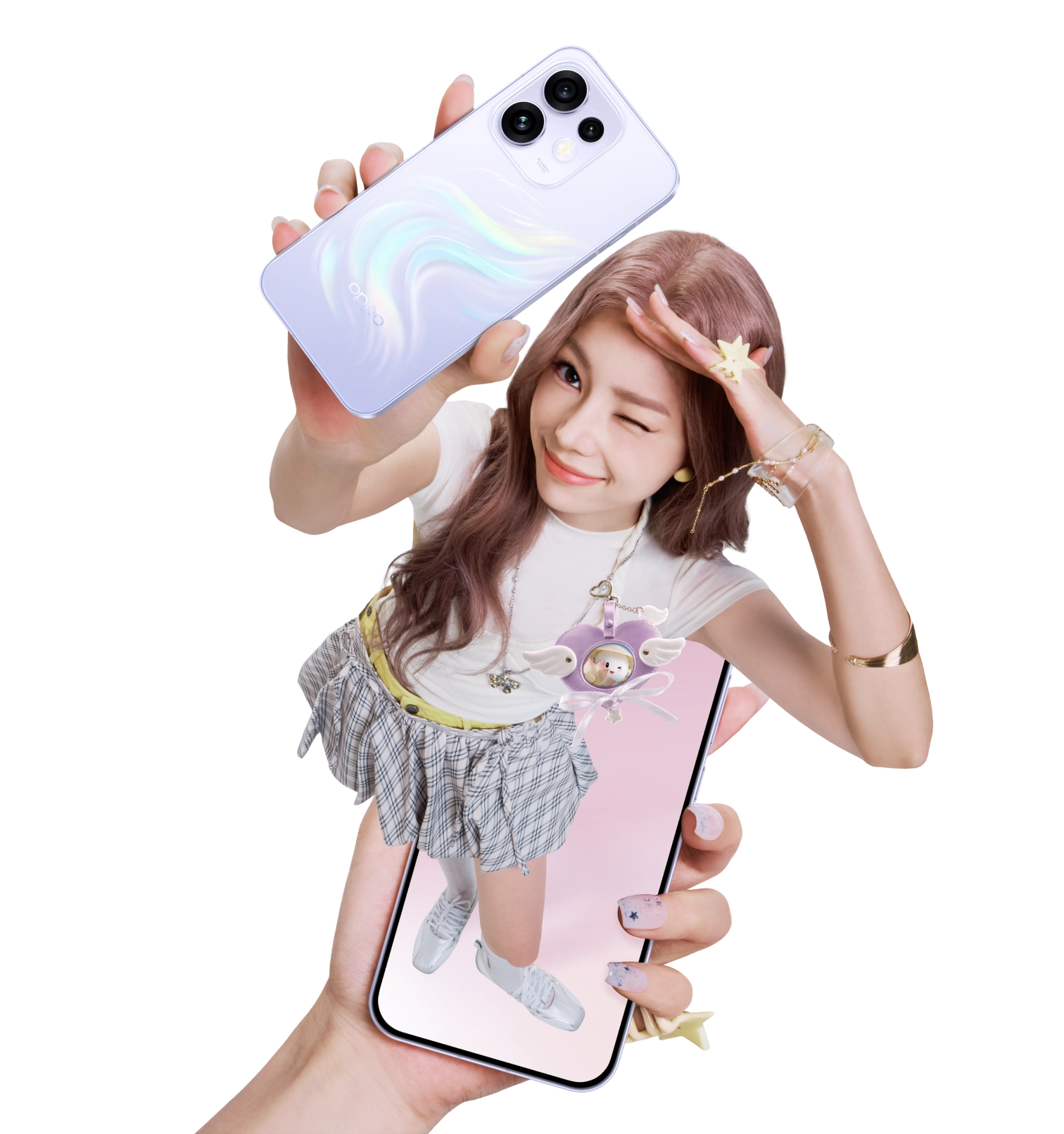 A playful 3D pop-out image of a girl emerging from a phone screen, holding a Dream Purple OPPO Reno16 5G with a wavy back pattern