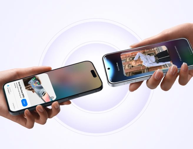 A product image showing a wireless photo transfer between an OPPO phone and another Phone using the O+ Connect feature.