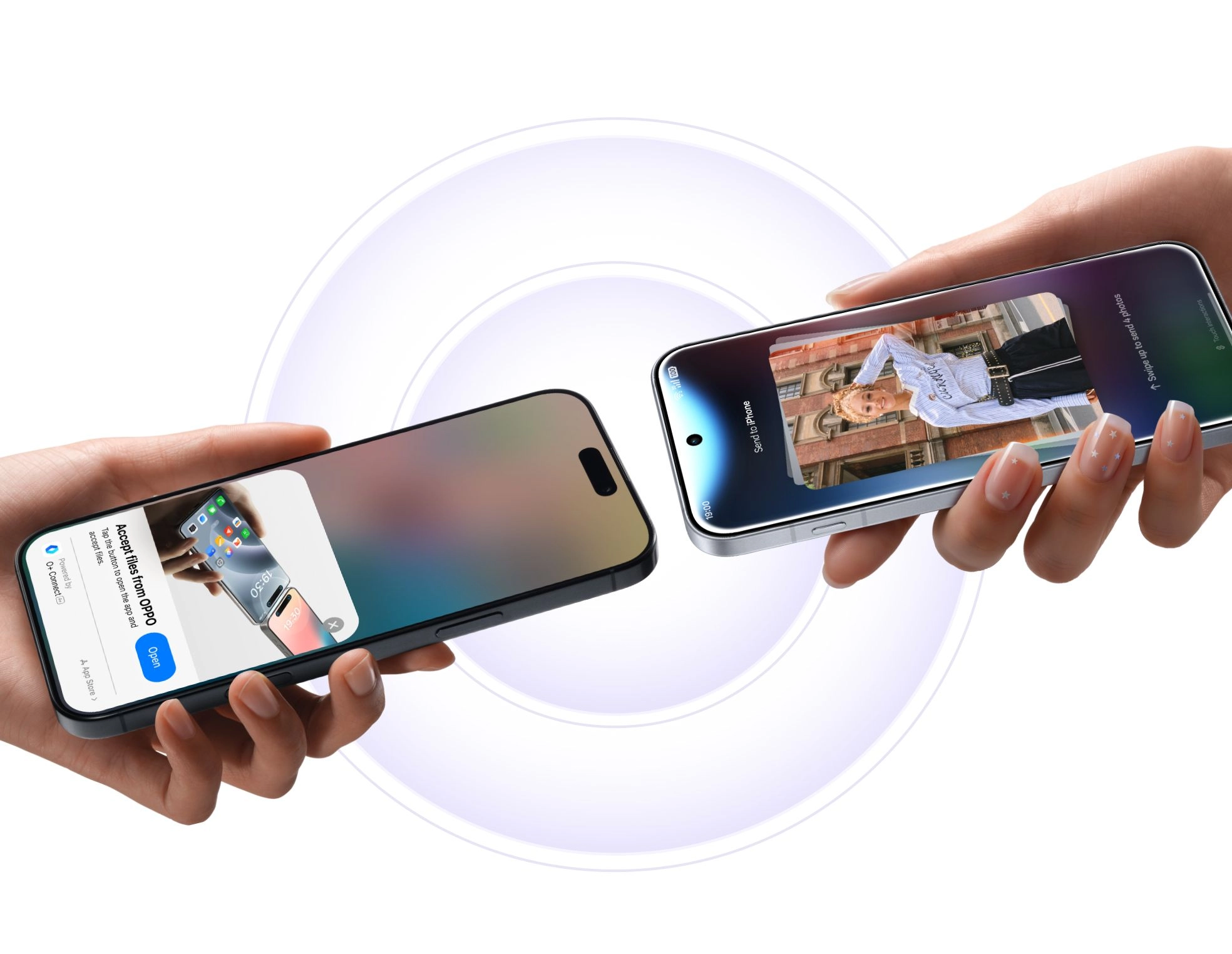 A product image showing a wireless photo transfer between an OPPO phone and another Phone using the O+ Connect feature.