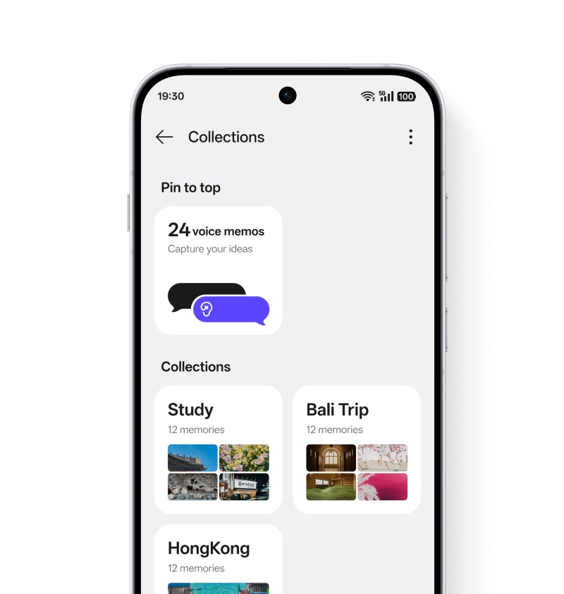 A smartphone interface showing the AI Mind Space feature with voice memos and categorized memory collections