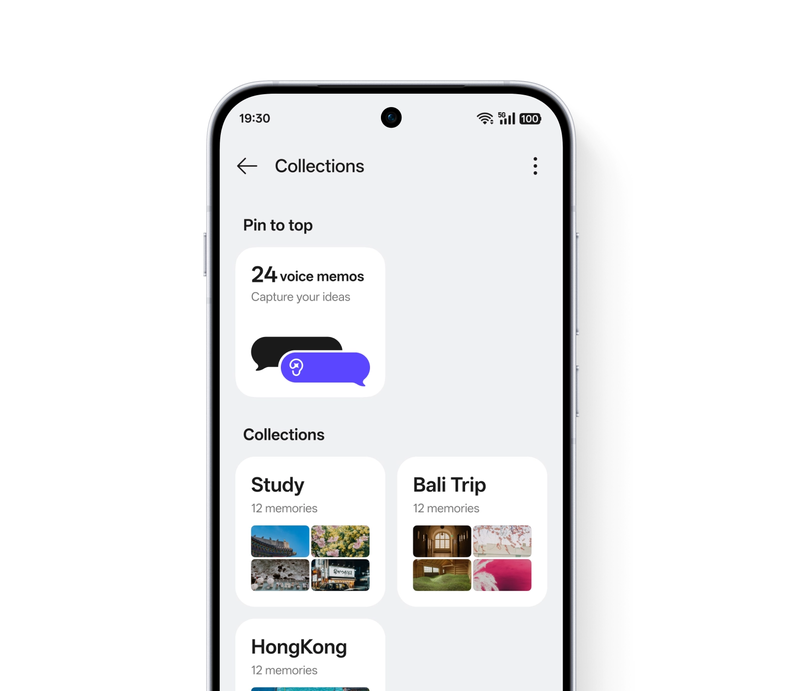 A smartphone interface showing the AI Mind Space feature with voice memos and categorized memory collections