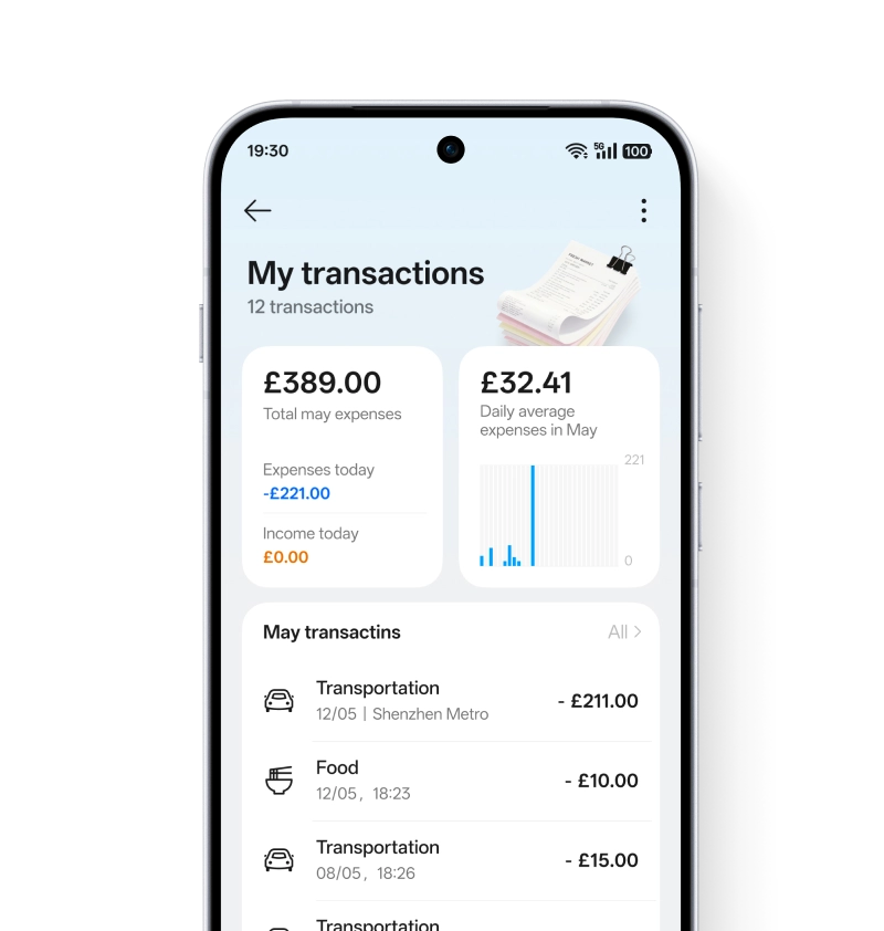 A smartphone UI showing the AI Bill Manager with expense summaries and automatically categorized transactions