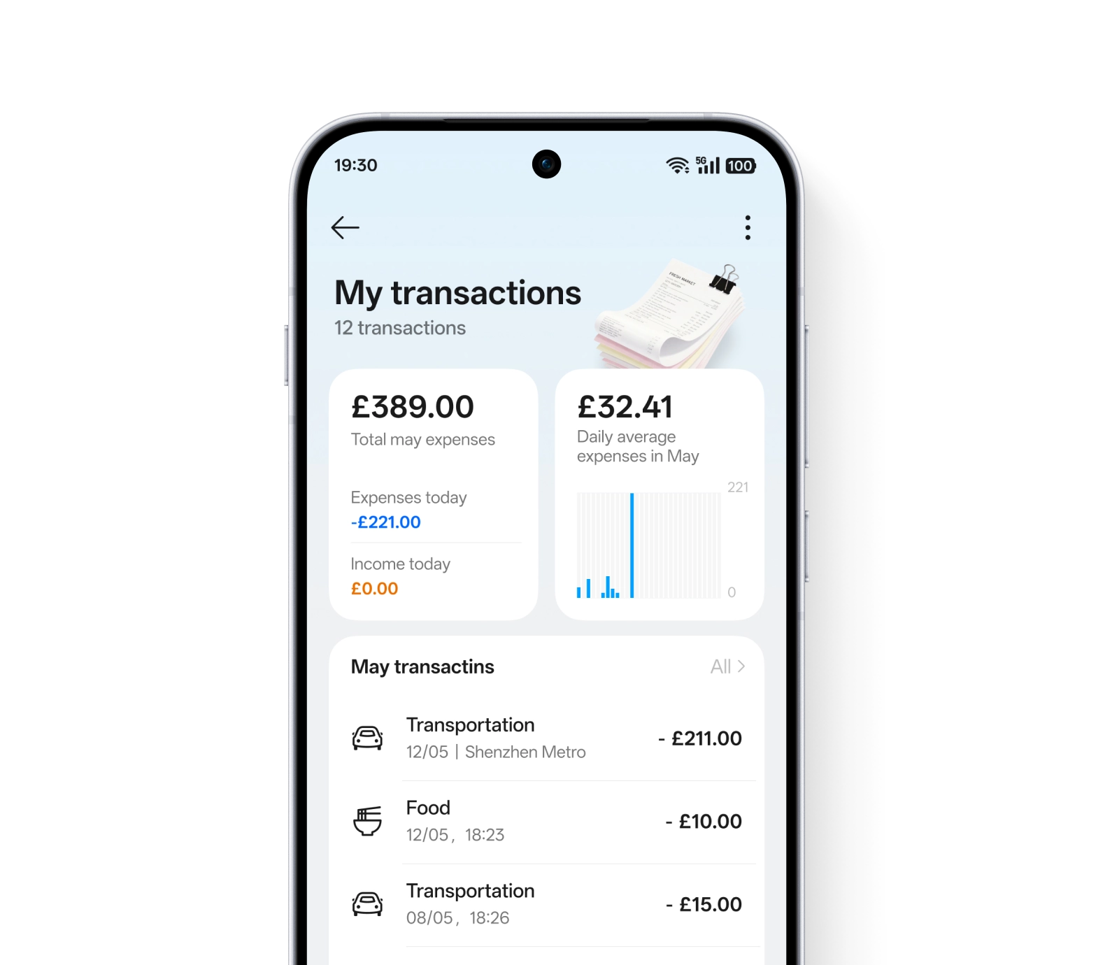 A smartphone UI showing the AI Bill Manager with expense summaries and automatically categorized transactions