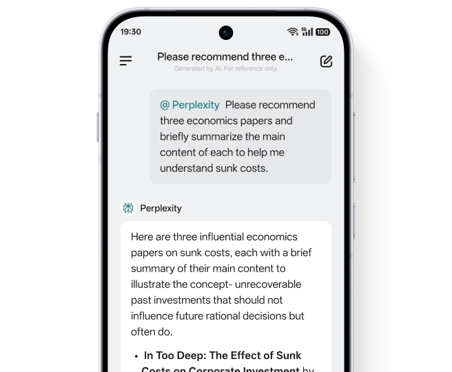 A smartphone UI showing the AI Mind Pilot feature, displaying a chat where Perplexity AI summarizes economics papers.