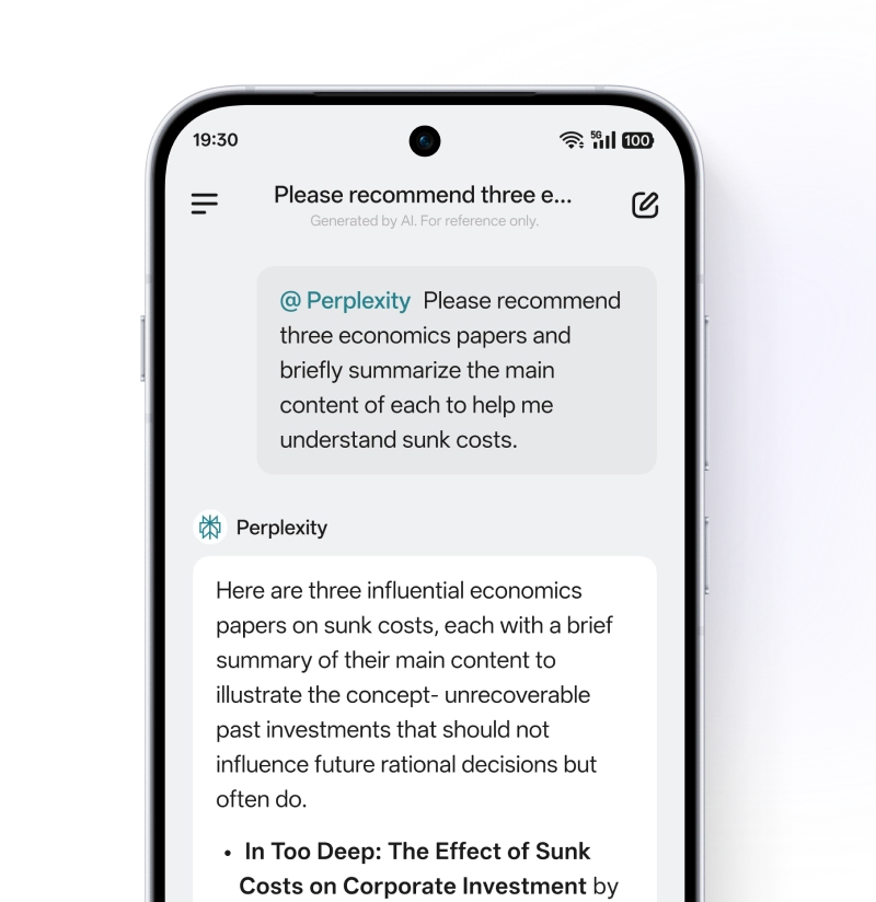 A smartphone UI showing the AI Mind Pilot feature, displaying a chat where Perplexity AI summarizes economics papers.
