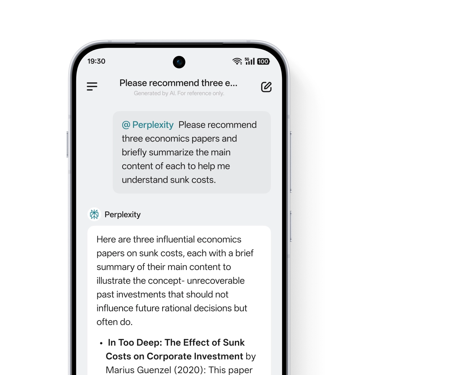 A smartphone UI showing the AI Mind Pilot feature, displaying a chat where Perplexity AI summarizes economics papers.