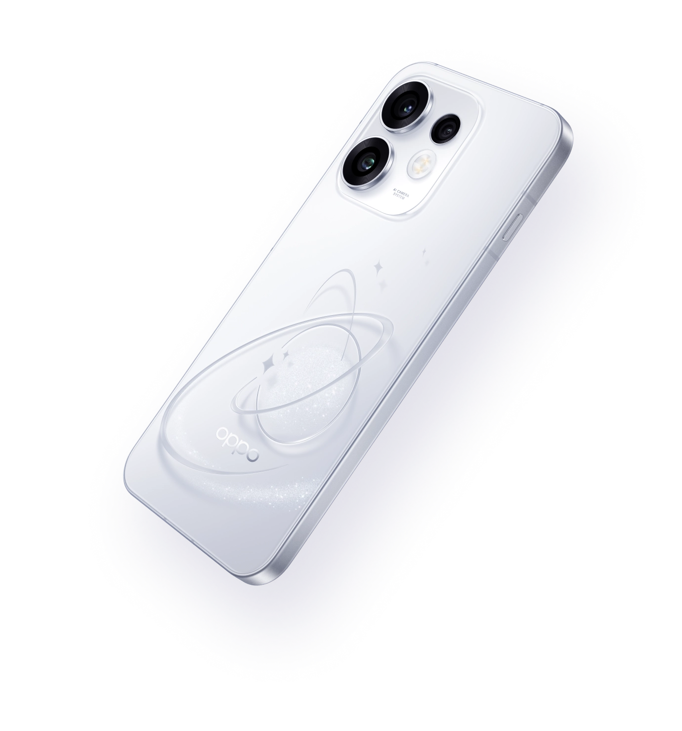 Back view of a white OPPO Reno16 5G smartphone with a 3D Pop Planet Design